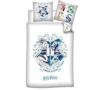 Aymax Parure de lit réversible HP - Blason Poudlard - Les 4 Maisons - Blanche et Bleue - 140 cm x 200 cm,