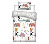 Aymax Set di biancheria da letto per bambini, motivo animali, reversibile, 2 pezzi, 100 x 135 cm, federa 40 x 60 cm, in cotone, con elefanti, coccodrillo, scimmie, colore: bianco