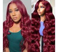 AYMMOLI Parrucche frontali in pizzo bordeaux da 24 pollici 99j capelli umani 13x4 HD rosso bordeaux onda del corpo parrucca capelli umani 200 densità onda del corpo parrucche frontali in pizzo pre