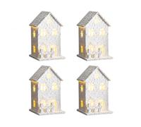 Aymzbd Decorazione Villaggio Natale Luminosa, In legno e plastica, include casette floccate, alberelli, polvere di neve, per decorazione festiva, Set da 4 pezzi con baite in legno e tetto innevato