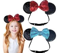 AYNKH 2 cerchietti per capelli con orecchie di topo glitterate con fiocco con paillettes, elastici regolabili e scintillanti, per bambini, ragazze, donne, cosplay, feste in costume, decorazione per