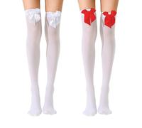 AYNKH 2 paia di calze bianche ad altezza del ginocchio con fiocco in raso, calze lunghe in altezza al ginocchio delle cosce per le donne e le feste a tema e cosplay, bianco, Taglia unica