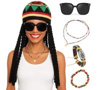 AYNKH 5 accessori per costume reggae, set costume giamaicano, caraibi, occhiali da sole neri, parrucca intrecciata, cappello, braccialetto, collana, donna, uomo, festa, cosplay, Halloween carnevale