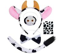 AYNKH Set di 5 costumi da mucca, fascia con orecchie da mucca, coda, naso, papillon e adesivi, accessori per costume a tema animale, per carnevale, Halloween, cosplay, feste