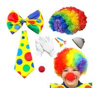 Aynkh Set di 7 accessori per costume da clown, parrucca afro arcobaleno, naso da clown, cravatta e papillon colorati, guanti, fischietto, rete per capelli, martedì grasso