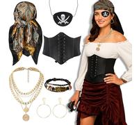 AYNKH Set di accessori costume da pirata da donna, sciarpa, cintura, auricolari, collana, braccialetto, gioielli per parrucca, costume Halloween, martedì grasso, mascherata, rappresentazione su scena