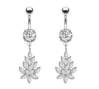 Ayoiow 2 Pezzi Piercing Ombelico Anello con Ciondolo, 316L Acciaio Inossidabile Piercing Ombelico Foglia Zirconia Cubica Argento Piercing Gioielli