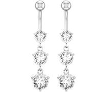Ayoiow 2 Pezzi Piercing Ombelico Argento Pendenti, 14G Piercing Ombelico Acciaio Chirurgico 316L 3 Rotondo Zirconia Cubica Argento Piercing Ombelico