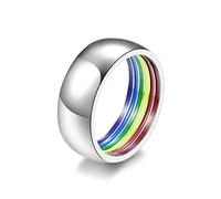 Ayoiow Anelli Fidanzamento Acciaio, Argento Fede Nuziale Donna Anello A Fasce Bombate Pride con Superficie Interna Smaltata Arcobaleno 8 Mm Anello Misura 22