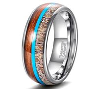 Ayoiow Anello 8 mm, Anello Tungsteno Donna Intarsio a Strisce di Corno di Cervo, Turchese E Legno di Koa Acciaio Al Tungsteno Nessuna Pietra Preziosa, Argento Taglia 25