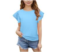 AYSDSKI Camicetta a maniche corte da ragazza, tinta unita, maglietta con volant, maniche cave, per bambini, Kawaii, top estivo, 3-14 anni, Celeste., 130 cm