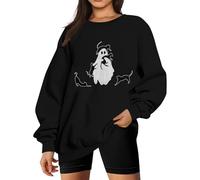 AYSDSKI Costume di Halloween da donna con scollo rotondo, Kawaii, con stampa fantasma, tutti i santi baggy, maglione a maniche lunghe, alla moda, per il tempo libero, Nero , L
