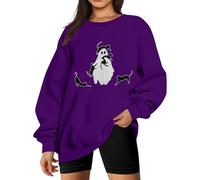 AYSDSKI Costume di Halloween da donna con scollo rotondo, Kawaii, con stampa fantasma, tutti i santi baggy, maglione a maniche lunghe, alla moda, per il tempo libero, viola., XXL