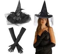 AYSOW Set di Cappelli da Strega e Guanti Lunghi,Cappello Strega Pieghevole e 50cm Halloween Lunghi Unghie Glove,Accessorio Copricapo Costume per Costume Cosplay Decorazione Festa di Halloween (2)