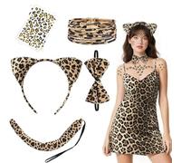 Ayucanpeng Costume leopardato da donna,Set di 6 pezzi di costume da leopardi,fascia, coda, papillon, 2 adesivi leopardati, bracciali,per Una Festa di Carnevale