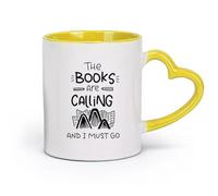 AYUEHBN ceramica Tazza da tè e caffè alla moda Citazione Libri Chiamando Devo Andare Biblioteca Lettura （11oz/320ml） Un bel regalo di Natale Giallo