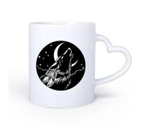 AYUEHBN Manico in ceramica a forma di cuore Tazza da tè o caffè originale Piume astratte della testa del lupo che ulula alla luna 11oz/320ml Porcellana fine ceramica