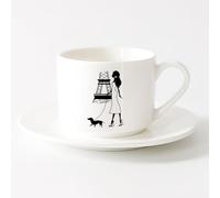 AYUEHBN Tazza da tè e caffè alla moda Ragazza di Parigi, donna, Torre Eiffel, cane, francese （6oz/175ml） Regalo per uomo o donna，Set di tazze da tè con piattini (bianchi)