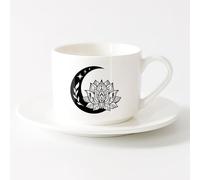 AYUEHBN Tazze da caffè con manico Centro benessere Namaste Luna Crescente e Fiore di Loto （6oz/175ml） per latte, tè, cola, acqua，Set di tazze da tè con piattini (bianchi)