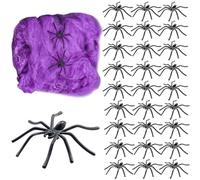 AYV Ragnatela Halloween,Zig Zag Ragni e Ragnatele,Ragnatela di Decorazione di Halloween,80g Ragnatela Viola e 30 Pezzi Ragni Neri Decorazioni di Halloween,Ragni Finti,Decorazione Horror