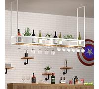 AYVADA Porta Bicchieri da Vino Portabottiglie - Portavasi in Ferro battuto da Appendere alla Parete retrò, portabottiglie in Legno massello da soffitto (con luci), Ripiani sospesi (Colore: Bianco,