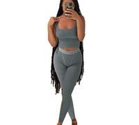 AYWA - Abbigliamento casual per l'allenamento, completo da donna in due pezzi, canotta a coste, leggings a vita alta, abbigliamento sportivo, Blu e grigio., Large