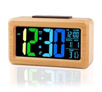 Ayybboo Sveglia digitale in legno, grande display a LED con numeri colorati, sensore di luminosità, snooze, batteria | funzionamento USB per camera da letto, ufficio, soggiorno (legno di faggio verde