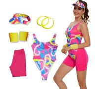 AYYOHON Costume da allenamento anni '80 Body Legging Braccialetti Visiera Sole Orecchini Set Halloween Donne Margot Robbie Cosplay M