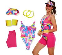 AYYOHON Costume da allenamento anni '80, body legging, polsini, visiera parasole, orecchini, set da donna, per Halloween, cosplay, S