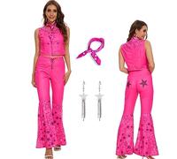 AYYOHON Costume da cowgirl anni '70 e '80 hippie discoteca abiti rosa gilet top svasato pantaloni Halloween Margot Robbie Cosplay per le donne 2XL