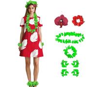 AYYOHON Lilo - Costume da donna con foglie rosse, abito hawaiano a maniche corte, con copricapo a fiori, per feste di Halloween, XL