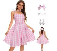 AYYOHON Set di orecchini da donna rosa a quadri gonna con fiocco per capelli margherita collana set Halloween 2023 costume cosplay vestito XL