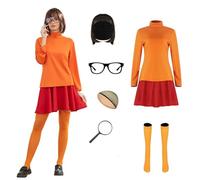 AYYOHON Velma Costume da donna Daphne vestito marrone Bob parrucca occhiali pullover gonna set viola mini abito Halloween Cosplay Suit M