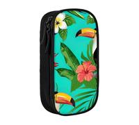 AYYQWE Astuccio con stampa di uccelli tropicali e foglie di piante, pratico astuccio multi-scomparto per ufficio, viaggi, scuola, arte e uso quotidiano, Nero , Taglia unica, Con tasca per il