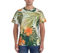 AYYQWE Foglie vegetazione con fiori di ibisco stampa moda uomo manica corta t-shirt palestra usura traspirante allenamento estate casual gita, Nero , XL