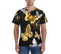 AYYQWE Oro Bianco Farfalle Stampa Nera Moda Uomo Manica Corta T-shirt Gym Wear Traspirante Allenamento Estate Casual Outing, Nero , XXL