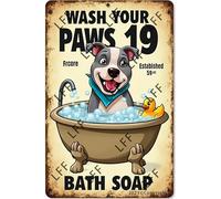AYZYSMBM Targa in metallo retrò con carlino nella vasca da bagno, sapone da bagno stabilito Wash Your Paws Pitbull, decorazione per casa, bar, negozio, caffè, cartello vintage regalo, 20,3 x 30,5 cm