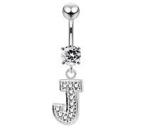AZARIO LONDON J Alphabet - Piercing per ombelico in acciaio e argento con pendenti, con ciondolo a forma di ombelico, 14 g, colore: argento, Acciaio inossidabile, zirconia cubica