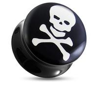 AZARIO LONDON Skull and Crossbones Logo Nero Acrilico Doppio Flared Gauge Ear Plug - Venduto al pezzo, 5MM, plastica acrilica Immagine Logo, Non pietra preziosa