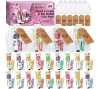 AZEN Set da 60 regali sfusi, crema per le mani e balsamo per le labbra, con sacchetto in organza, biglietto di ringraziamento, baby shower, regali di nozze per gli ospiti, regali di ringraziamento per