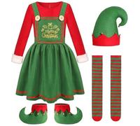 AZIDWERYQ Set Costume da Elfo Natalizio per Ragazza Il Costume da Elfo Include Vestito, Scarpe, Cappello e Calze per Il Completo della Festa di Natale, 120 Ragazze