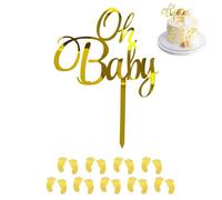 Azlanway Cake Topper "Oh Baby" in Acrilico Dorato, 1 Pezzo + 9 Coppie di Impronte per Torta di Pannolini, Decorazione Baby Shower, Gender Reveal, Benvenuto Bebè e Tavolo dei Dolci