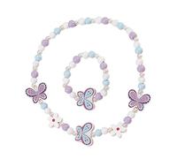 Azlanway Set di gioielli per bambini, 2 pezzi, collana e bracciale in legno con motivo farfalla, gioiello elastico per bambini, accessorio colorato per compleanno, festa, travestimento e regalo