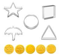 Azlanway Stampi Biscotti Coreani Dalgona - Set 5 Pezzi Acciaio Inox Forme Ombrello, Triangolo, Stella, Cerchio, Quadrato - Tagliabiscotti Zucchero Accessori da Forno per Feste e Capodanno