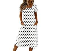 Azruma Vestiti Boho per Donna Italia, Vestito A Pois Collo Rotondo Maniche Corte da Spiaggia Estate Vita Alta Festa Elegante Bohemio Midi Sciolto Oscillante Abito Stagione Calda per Viaggio