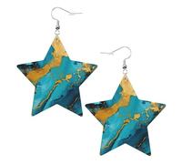 Azurite - Orecchini pendenti a forma di stella, in pelle, con motivo a foglia di tè e lamina dorata, eleganti e leggeri, per donne e ragazze, taglia unica, in pelle, senza pietre preziose