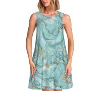 Azurite Teal and Foil Gold Oil Marble Pattern Abito senza maniche da donna Basic con tasche Summer Essentials, Nero , XL