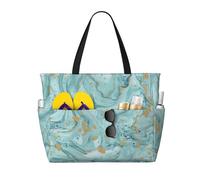 Azurite Teal and Foil Gold Oil Marble Pattern Print Beach Travel Bag Smart Pocket Tote Summer Vacation Hiking Camping Outdoor Activity