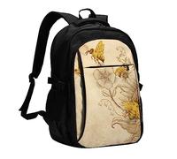 Azurite Teal e Foil Gold Oil Marble Pattern Stampato Laptop Backpack Uomini, Carry On Zaini da viaggio con porta di ricarica USB, Api Miele Rurale Fiori di Selvaggio, One Size