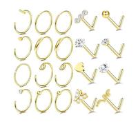 Azushwer Set di 20 piercing da naso in oro, piercing per naso, piercing per naso, design a forma di cuore a forma di farfalla, per donne e ragazze, set regalo da collezione di gioielli